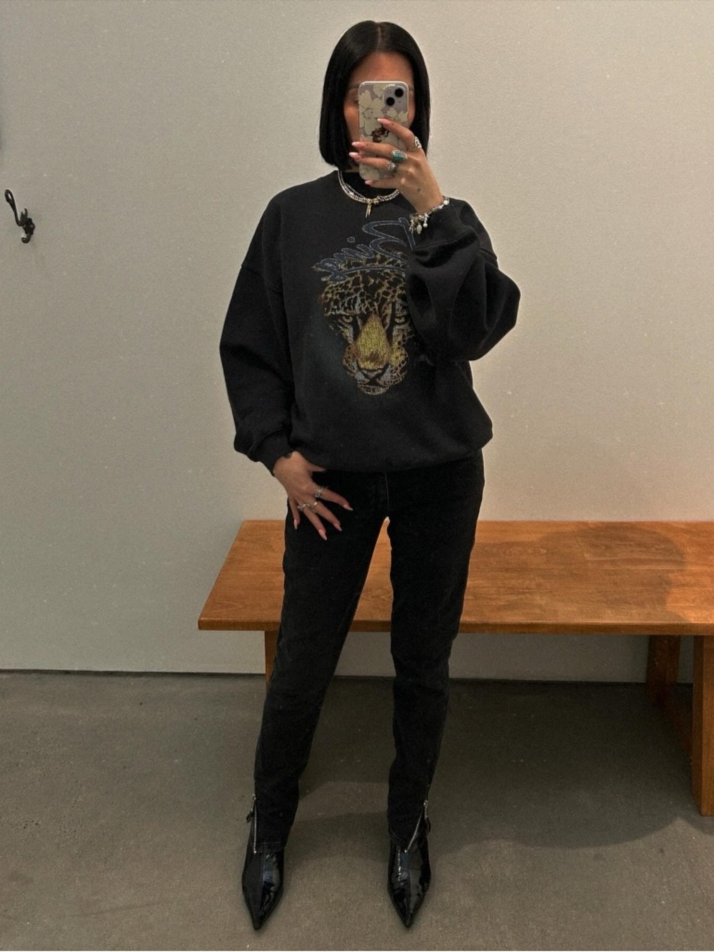 Anine Bing Black Crewneck with Leopard Graphic
